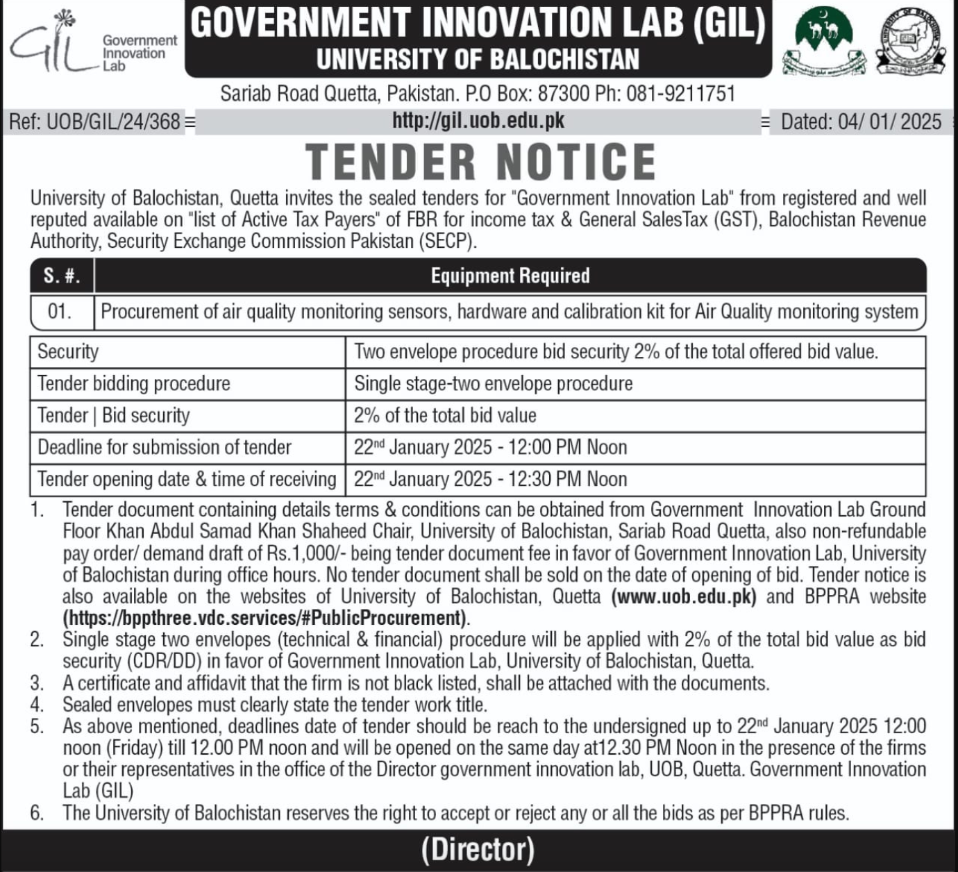 GIL is inviting sealed tenders for the procurement of “Air quality monitoring sensors, hardware, and calibration kits”